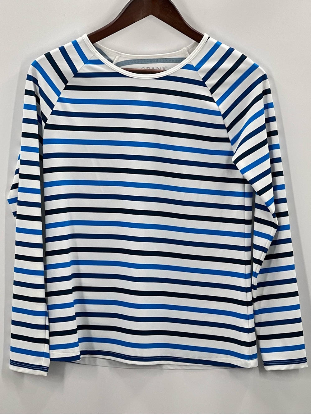 200 SPANX Ocean Stripe Coastal Blue Swim Sun Rash Protection Shirt UPF 50+